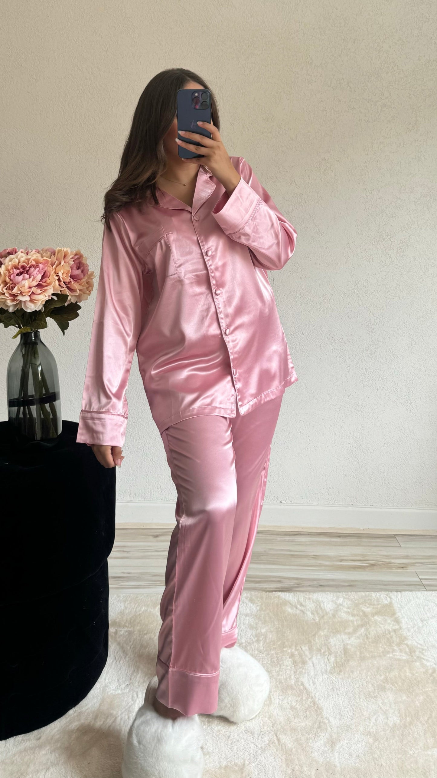 Powder pink satin pajamas